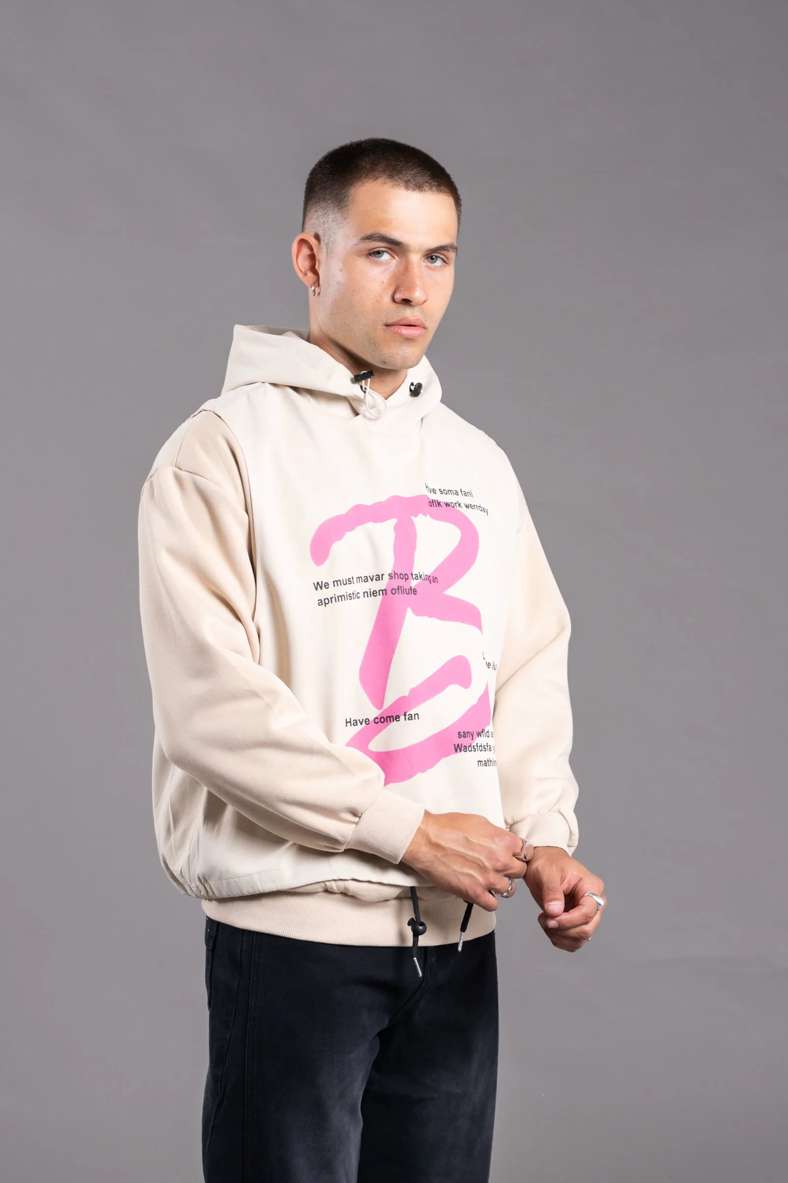 Alternative view of XZRN-52B LAYERED STREET HOODIE BEIGE